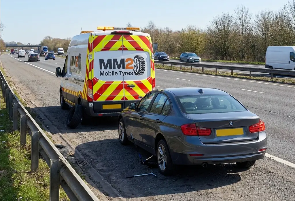 MM2 Mobile Tyres assisting a car with a tyre change on a UK motorway hard shoulder