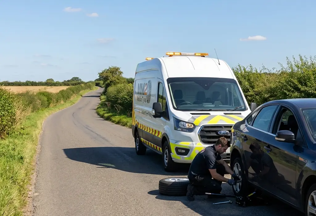Mobile tyre fitting service by MM2 Mobile Tyres on a rural roadside