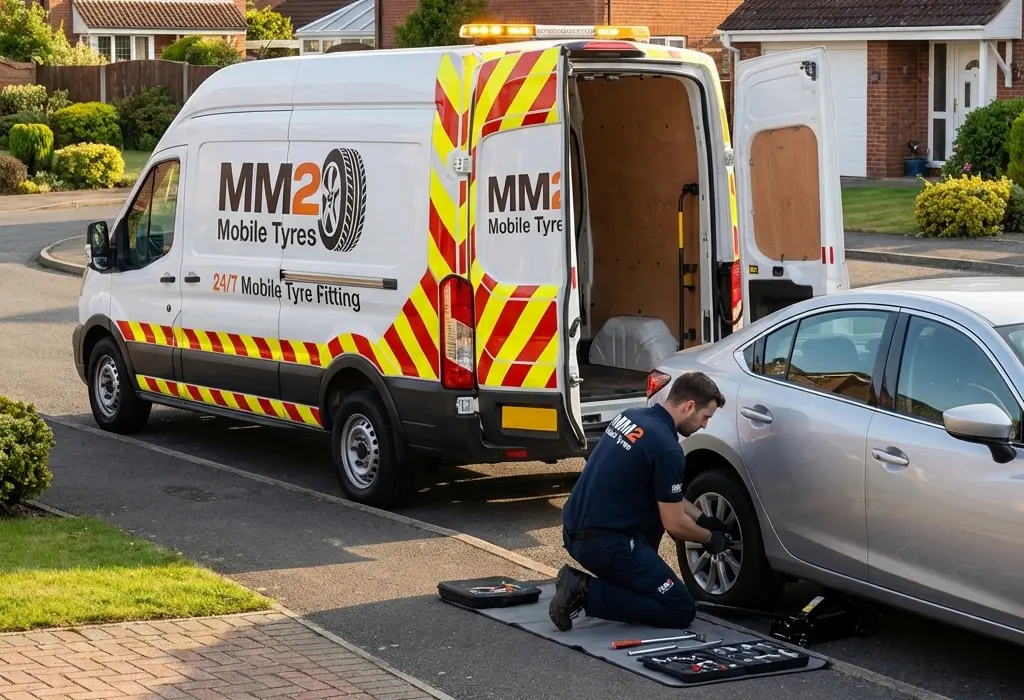 MM2 Mobile Tyres technician changing a car tyre on a residential driveway