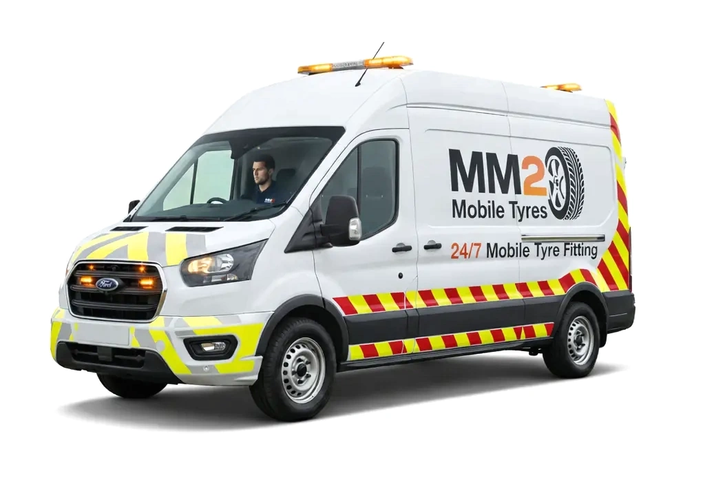 MM2 Mobile Tyres van with 24/7 mobile tyre fitting branding
